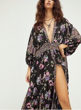 Free People Floral Prairie Punk Shirtdress Maxi Dress Womens Small Black New